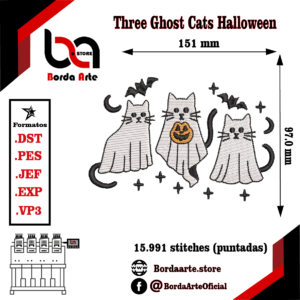 Three Ghost Cats Halloween Machine Embroidery Design