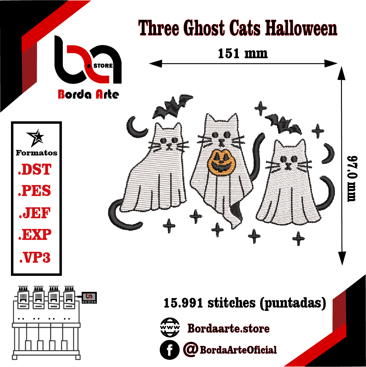 Three Ghost Cats Halloween Machine Embroidery Design