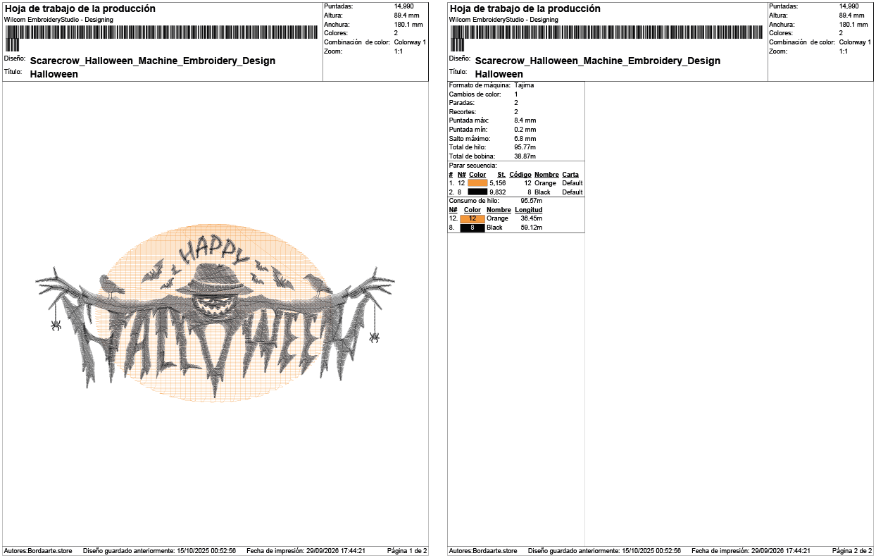 Scarecrow Halloween machine embroidery design technical sheet